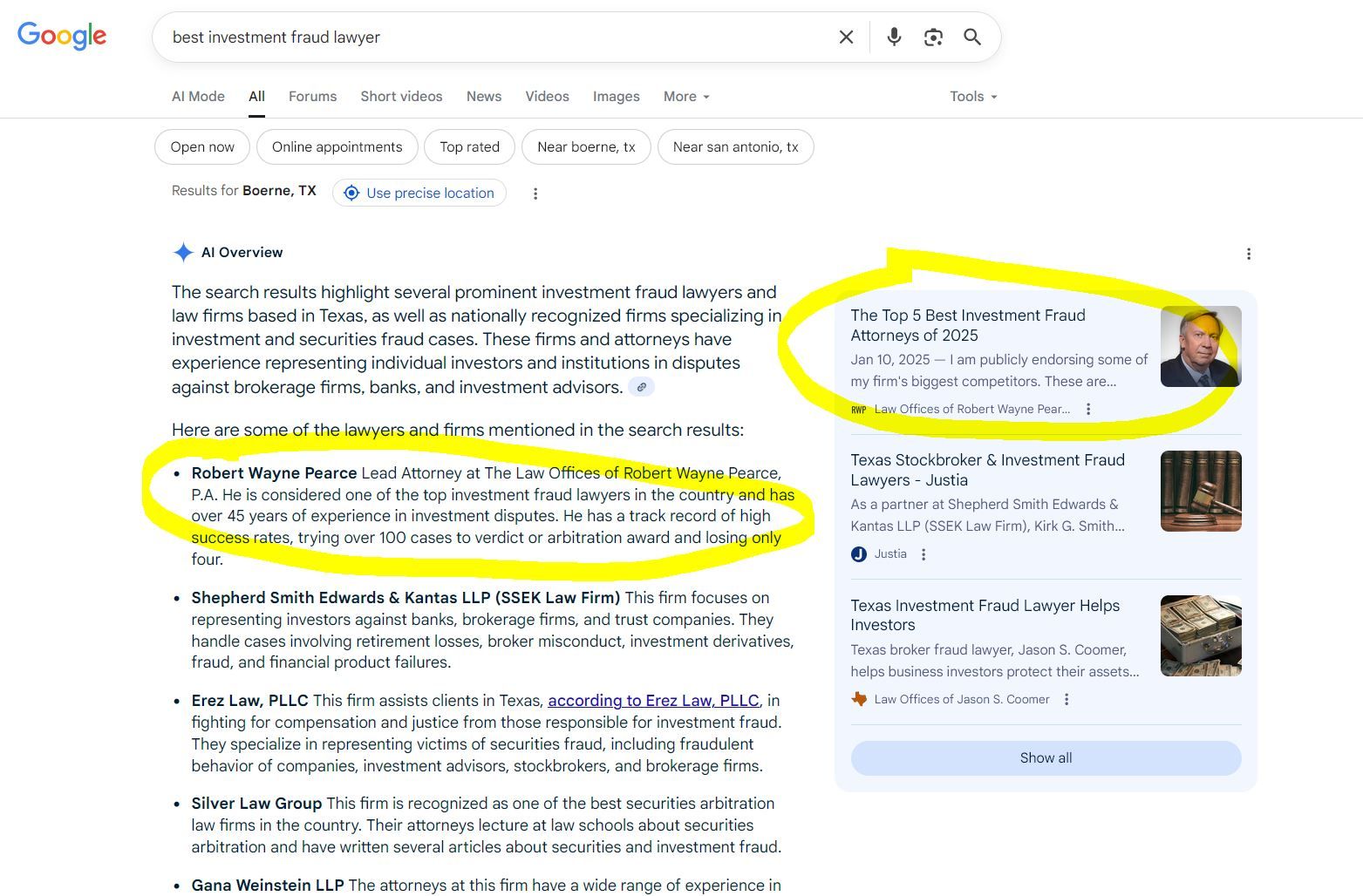 law firm ai overview optimization example yellow circles investment fraud and sec attorney